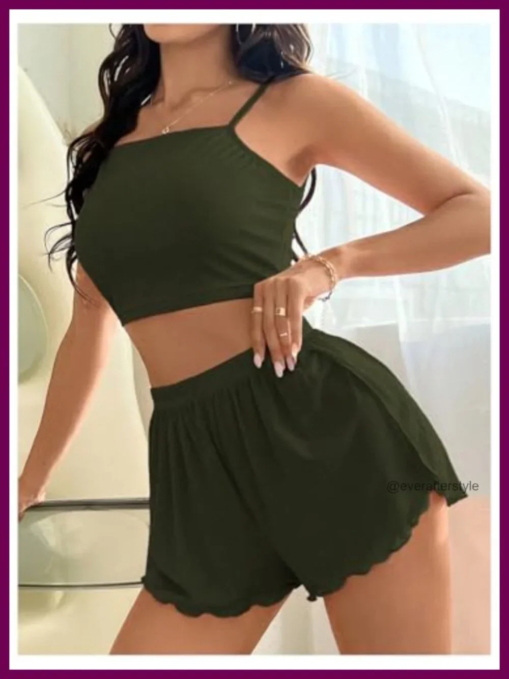 2 Pack Pajama Set Ribbed Knit Cami Crop Top & Side Split Shorts Sleepwear